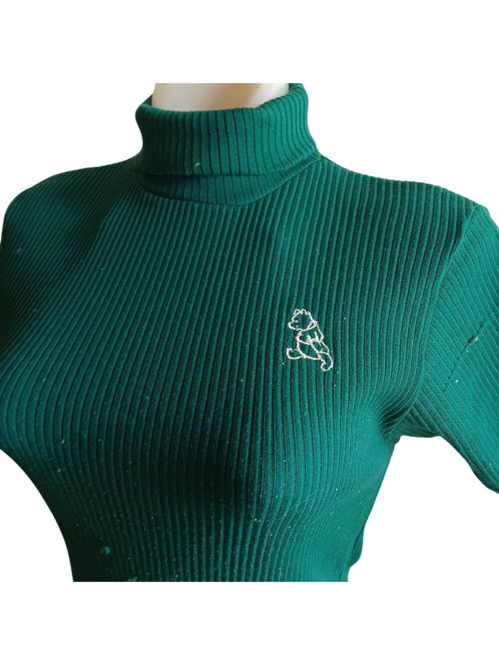 Women's Small Vintage Turtleneck Top Winnie The Pooh Green Ribbed Knit 1970's